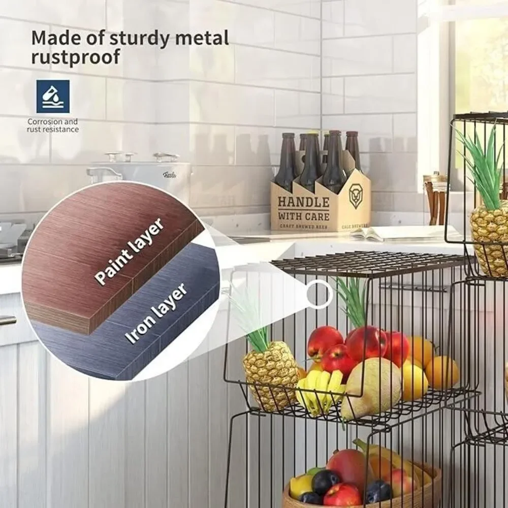 BENOSS Metal Fruit Basket w/Wheels Fruit & Vegetable Storage 5pc Stackable Bins
